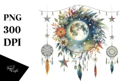 Vibrant Watercolor Boho Moon with Foliage Stars | Clipart Product Image 1