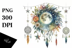 Vibrant Watercolor Boho Moon with Foliage Stars | Clipart Product Image 3