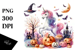 Vibrant Unicorn Halloween Scene | Sublimation | Clipart Product Image 1