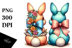 Colorful Stylized 2 Bunnies with Vintage Bow PNG Product Image 1