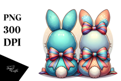 Colorful Stylized 2 Bunnies with Vintage Bow PNG Product Image 1
