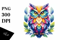 Colorful Owl with Plant Leaves PNG Product Image 1