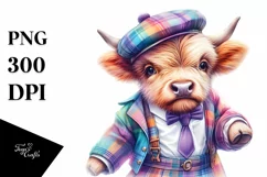 Colorful Baby Highland Cow with Jive Dancer Outfit PNG Product Image 1