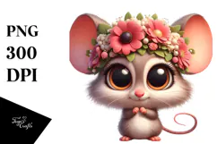 Cute Cartoon Mouse with Flower Crown PNG Product Image 1