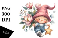 Cute Baby GNOME with Magnolia on Star PNG Product Image 1