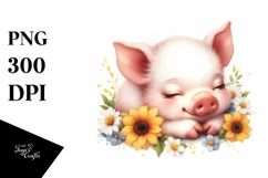 Colorful Baby Pig Sleeping on Yellow Flowers | Sublimation | Product Image 1