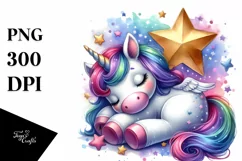 Colorful Baby Unicorn Napping on Star PNG Product Image 1