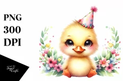 Cute Baby Duck with Party Hat, Watercolor PNG Product Image 3