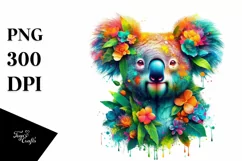 Vibrant Watercolor Koala with Flowers PNG Product Image 1