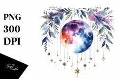 Vibrant Abstract Moon with Foliage Stars | Clipart Product Image 1