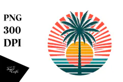 Retro Tropical Tree Sun Clipart PNG Product Image 1