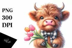 Cute Highland Cow with Tulip | Sublimation Clipart Product Image 1