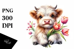 Cute Highland Cow with Tulip | Sublimation Clipart Product Image 1