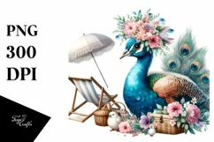 Watercolor Beach Chair Peacock Wreath | Sublimation Clipart Product Image 1