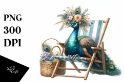 Watercolor Beach Chair Peacock Wreath | Sublimation Clipart Product Image 1