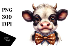 Funny Baby Cow with Bow and Tie PNG Product Image 1