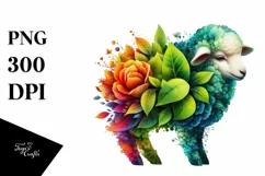 Vibrant Watercolor Lamb with Flowers PNG Product Image 1