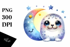 Colorful Smiling Baby Seal Moon Clipart Product Image 1