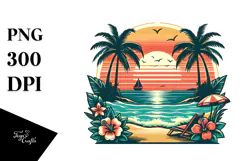 Retro Tropical Beach Sunset Clipart PNG Product Image 1
