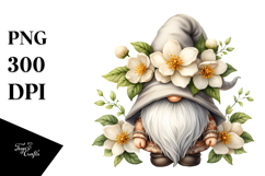 Watercolor Cute Gnome with Jasmine PNG Product Image 1