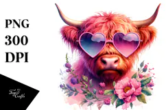 Pink Highland Cow with Sunglasses PNG Product Image 1