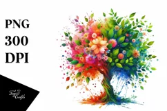 Vibrant Watercolor Tree with Flowers PNG Product Image 3