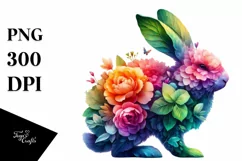 Vibrant Watercolor Rabbit with Flowers PNG Product Image 1