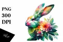 Vibrant Watercolor Rabbit with Flowers PNG Product Image 1