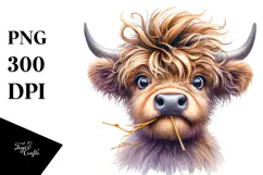 Funny Highland Cow with Hay Straw PNG Product Image 1
