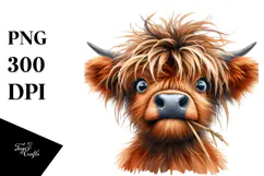 Funny Highland Cow with Hay Straw PNG Product Image 1