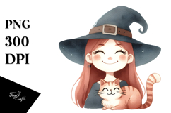 Vintage Witch with Cat Watercolor PNG Product Image 1
