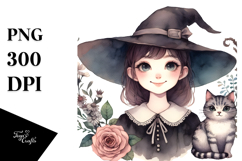 Vintage Witch with Cat Watercolor PNG Product Image 1