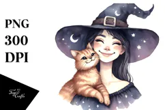 Vintage Witch with Cat Watercolor PNG Product Image 1