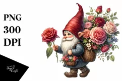 Watercolor Small Gnome Carrying Rose Bouquet Product Image 1