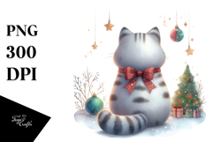 Cute Watercolor Cat with Christmass Decorations PNG Product Image 1