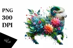 Vibrant Watercolor Lamb with Flowers PNG Product Image 1