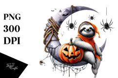 Watercolor Halloween Sloth Sitting on Cloud PNG Product Image 1