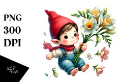 Small Floating Gnome Holding a Freesia PNG Product Image 1