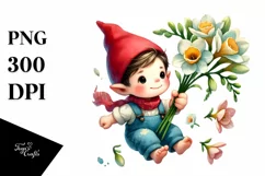 Small Floating Gnome Holding a Freesia PNG Product Image 1