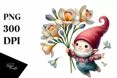 Small Floating Gnome Holding a Freesia PNG Product Image 1