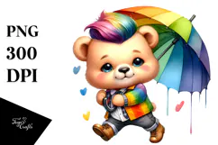 Vibrant Baby Bear Dancing with Umbrella PNG Product Image 1