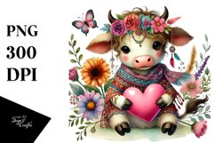 Cute Boho Cow Art, PNG Product Image 1