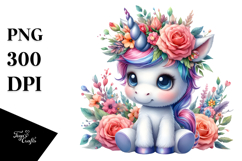 Cute Baby Unicorn with Floral Wreath, Transparent PNG Product Image 1