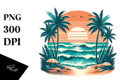 Retro Tropical Beach Sunset Clipart PNG Product Image 1