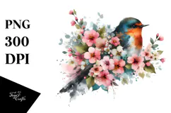 Grunge Bird with Spring Flowers, Transparent PNG Product Image 1