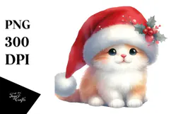 Cute Watercolor Cat with Christmass Decorations PNG Product Image 1
