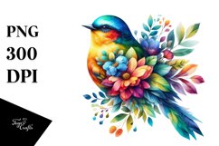 Vibrant Watercolor Bird with Flowers PNG Product Image 1