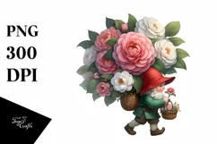 Watercolor Small Gnome Carrying Camellia Bouquet Product Image 3