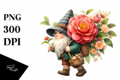 Watercolor Small Gnome Carrying Camellia Bouquet Product Image 1