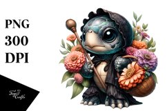 Gothic Baby Turtle with Zinnia Bouquet | Clipart Product Image 1